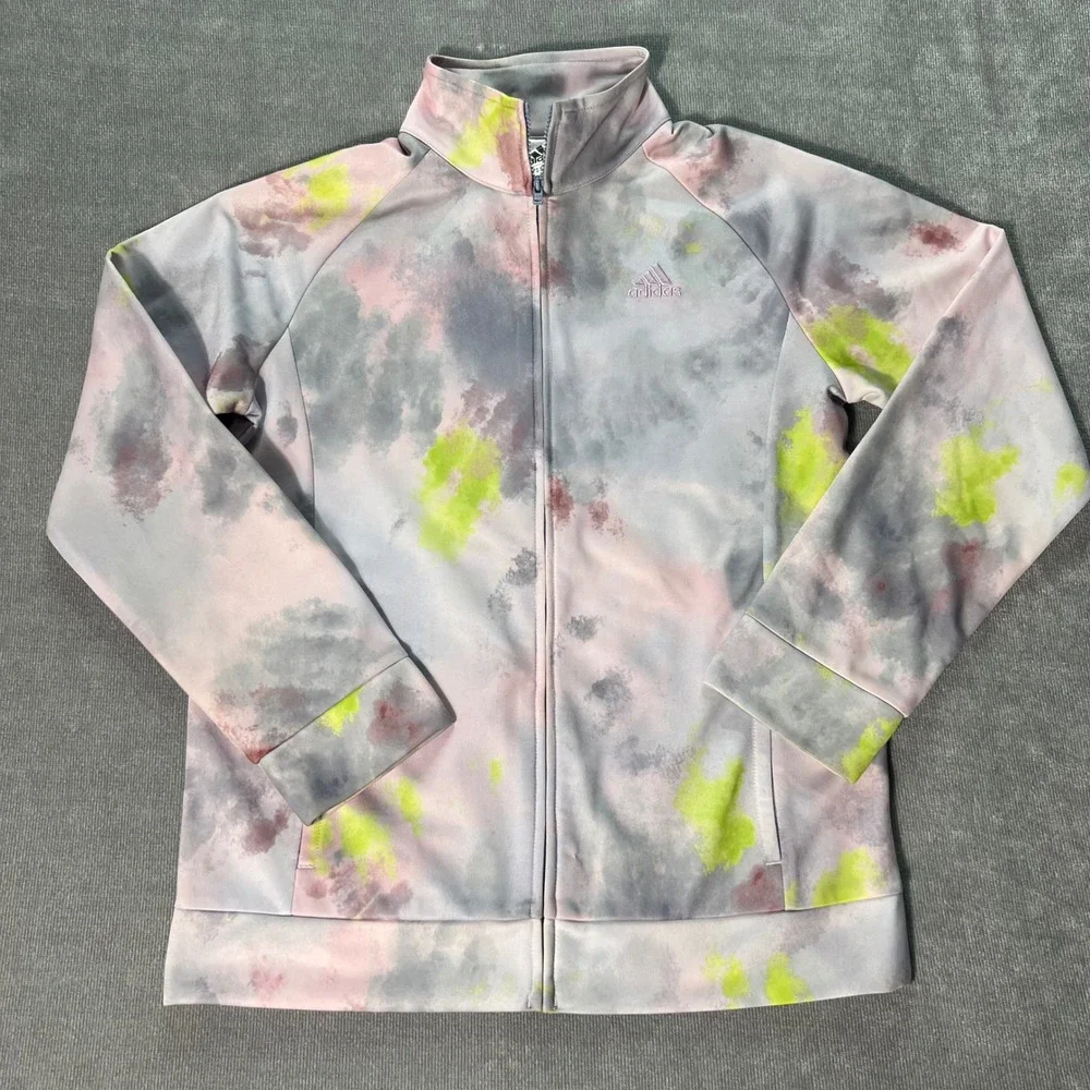 Adidas Girls Tie Dye Watercolor Track Jacket Pink Neon Yellow Grey Size‎ 14 L